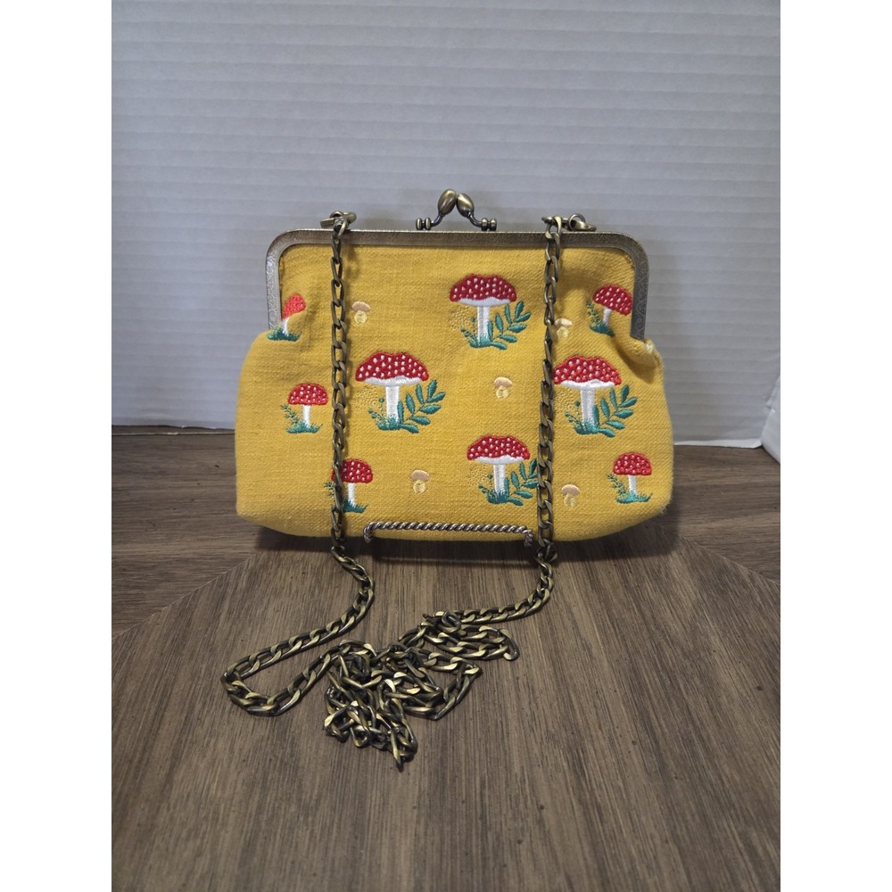 Yellow Embroidered Mushroom Kiss Lock Clutch, Whimsical, fairy core,